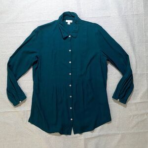 J. Jill | Dark Teal Pleated Button-Down Crepe Top | Large
